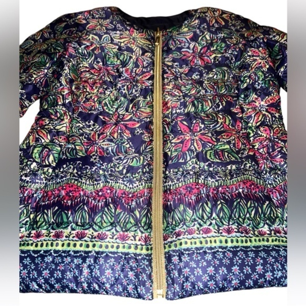 EUC Lilly Pulitzer Reversible Puffer Coat Jacket Gold Not Too Catty Navy Small